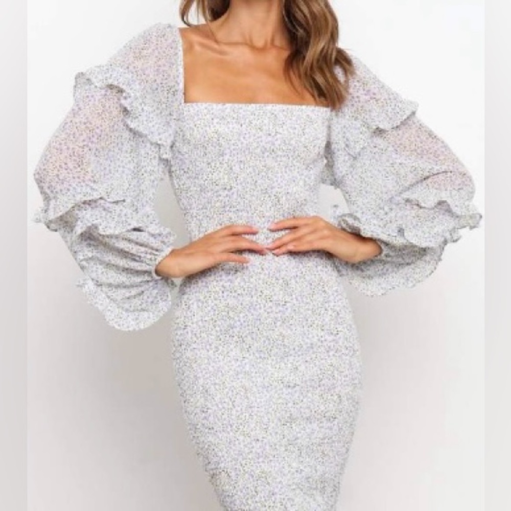 Petal And Pup Elegant White And Purple Midi Dress with Ruffle Sleeves